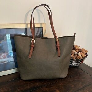 Faux Leather Olive Green with Sadle Brown Handled Tote Bag